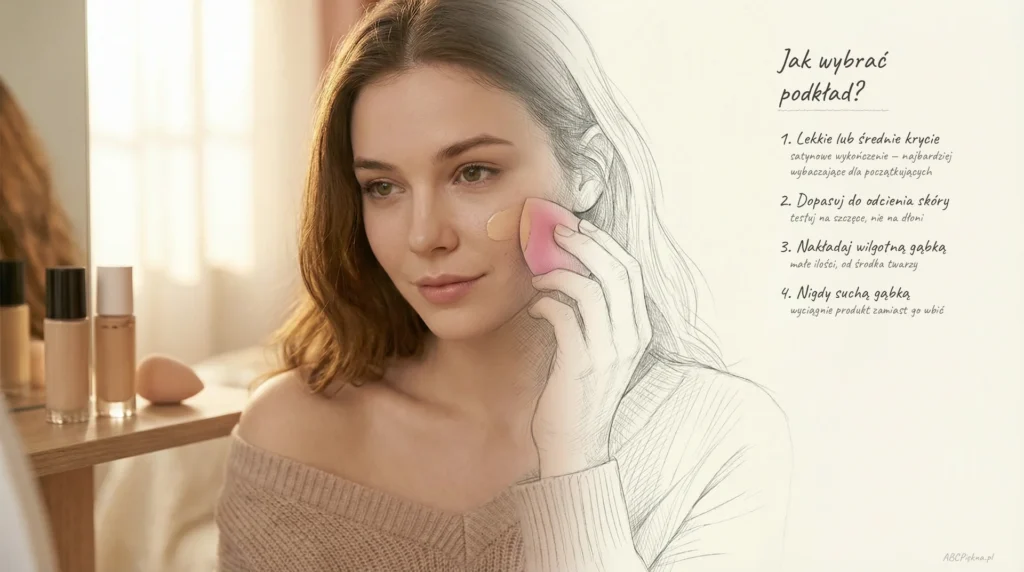 Kobieta nakłada podkład gąbką beauty blender — 4 wskazówki doboru podkładu dla początkujących