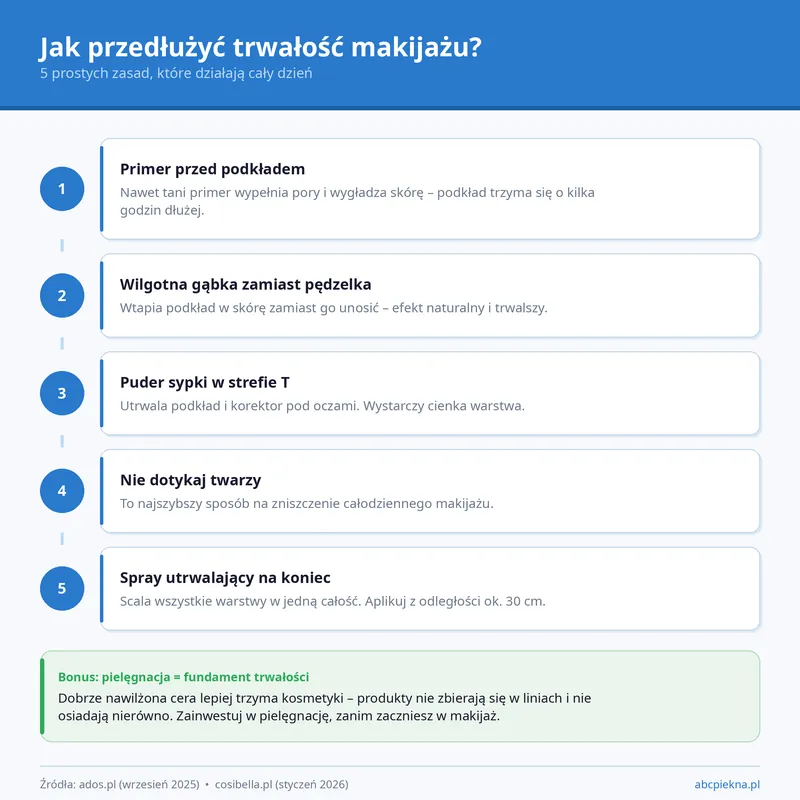 5 kroków do trwałego makijażu: primer, wilgotna gąbka, puder sypki, spray utrwalający i pielęgnacja skóry