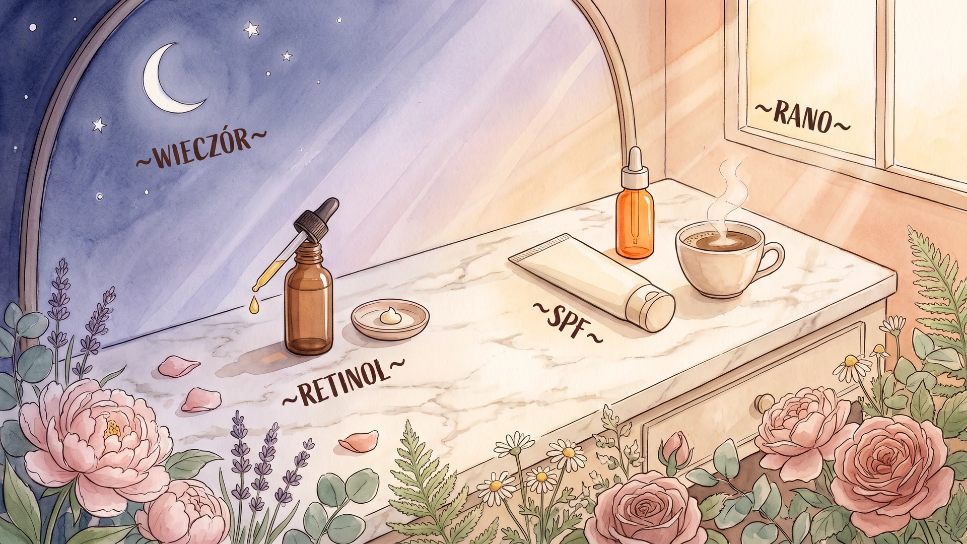 Akwarela: toaletka wieczorem z buteleczką serum z retinolem, a rano w słońcu z kremem z filtrem SPF i kawą